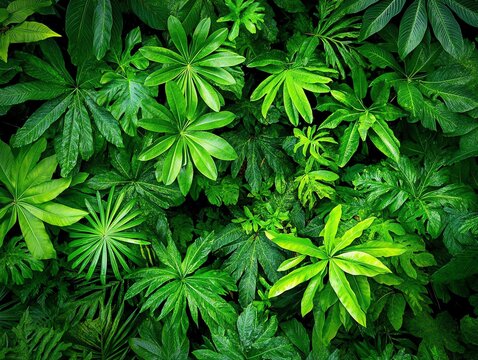 Lush green foliage with various leaf shapes, full frame nature background.