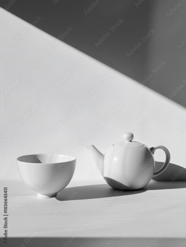 Poster a sleek white tea kettle sits next to a minimalist cup on a table, bathed in soft afternoon light, c