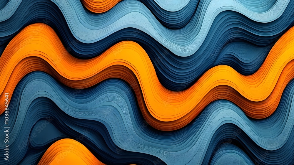 Poster an abstract wave pattern featuring fluid curves in shades of blue and vibrant orange, creating a dyn