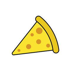 cheese parts and slices vector. Cartoon drawing of a single slice of swiss cheese with holes,  pizza slice illustration on white background.