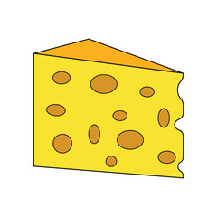 cheese parts and slices vector. Cartoon drawing of a single slice of swiss cheese with holes,  isolated on white background.