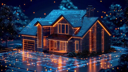 A futuristic house with glowing lines and particles emanating from it.