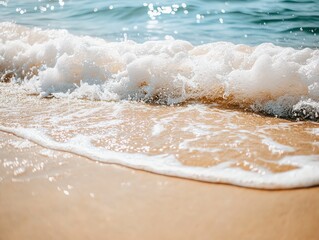 Obraz premium Waves gently wash onto a golden sandy beach with clear blue water.