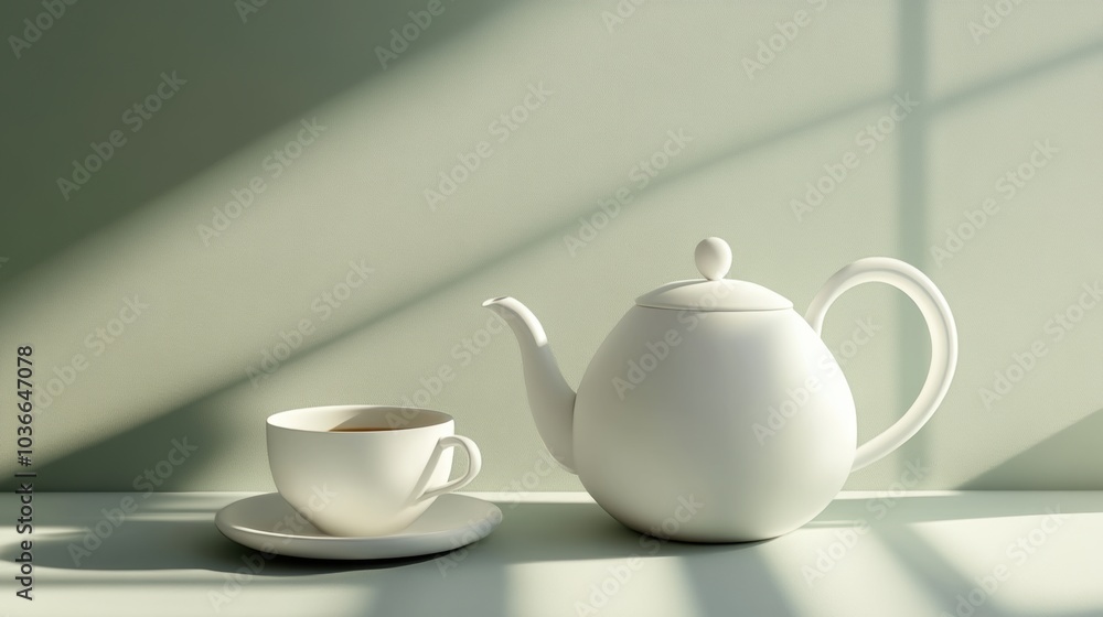 Poster soft morning light illuminates a white tea kettle and cup set on a minimalist table, creating a calm