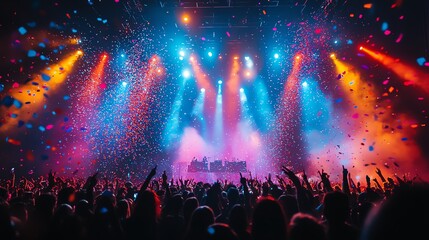 Vibrant concert scene filled with colorful lights and enthusiastic crowd creating an electrifying atmosphere of celebration.