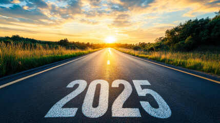 A serene sunrise over a straight road marked by the year 2025 in a rural landscape, highlighting the promise of a new beginning