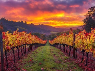 Naklejka premium Vibrant vineyard at sunset with colorful sky and autumn foliage.