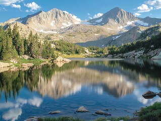 Fototapeta premium Mountain lake with clear reflections and blue sky, surrounded by lush pine trees.