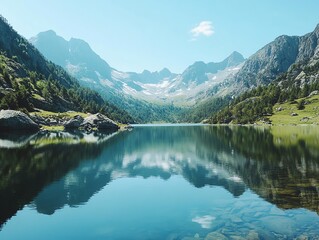 Beautiful mountain lake scene with clear reflection, peaceful nature setting