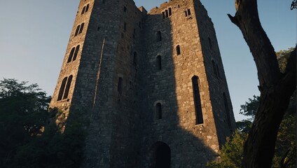 The archer tower rises majestically against the golden sunset