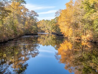 Tranquil autumn river scene with vibrant foliage, reflecting in calm water.