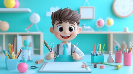 A cheerful cartoon boy in a creative workspace, surrounded by art supplies and tools.