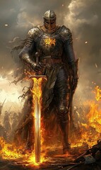 Armored knight standing amidst fiery flames.