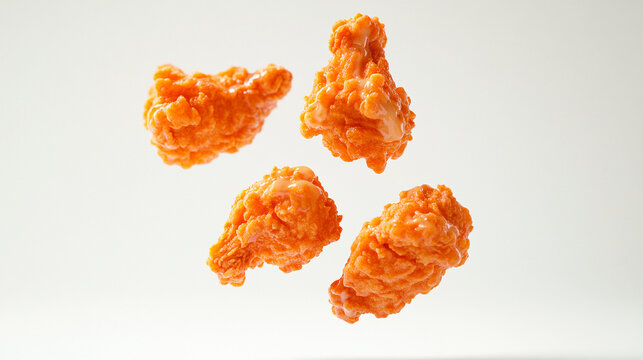 Create a realistic photo of about 4 boneless fried chicken pieces smothered in ranch sauce, floating, with a white background. Canon D80 product photography