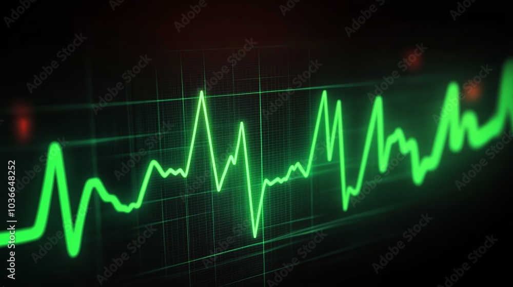 Poster close-up of an electrocardiogram displaying a green heartbeat pattern.
