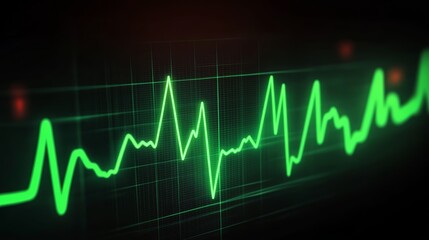 Close-up of an electrocardiogram displaying a green heartbeat pattern.