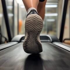 Close-up of a person's foot running on a treadmill, showcasing athletic footwear.