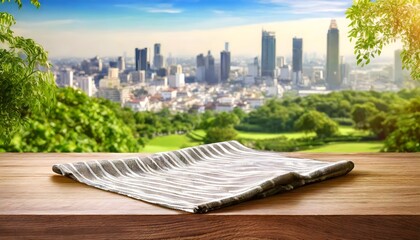 deck chair on the city, Fabric cloth  placemat on wooden table top on blur park garden and cityscape background, wallpaper 