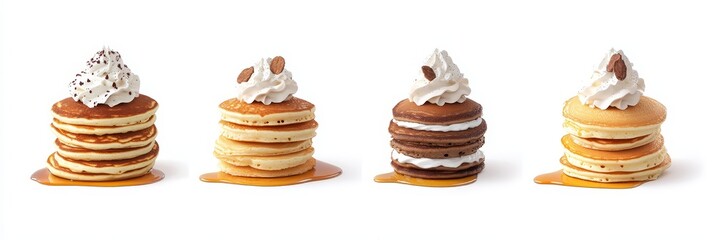 Stack of fluffy pancakes drizzled with rich syrup, topped with a generous dollop of whipped cream, inviting and delicious breakfast treat