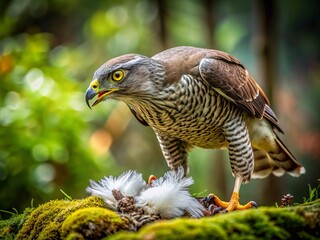 Fototapeta premium A breathtaking shot of a goshawk capturing prey, surrounded by a beautiful bokeh effect that highlights its sharp talons and intricate feather details.