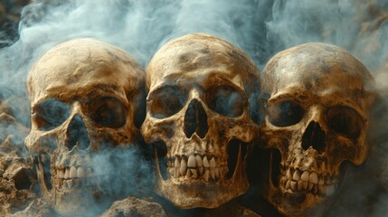 Skulls surrounded by smoke in a dark setting.