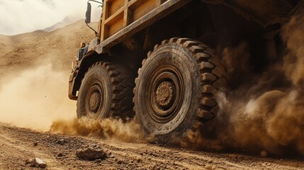 Powerful truck wheels kicking up dust on road.