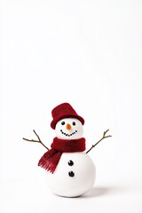 Cheerful snowman with red accessories against a white background