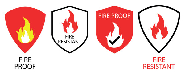 Obraz premium Collection of Fireproof icons. Fire resistant icon. Fire protection icon with shield. Fire resistant material sign. Vector illustration isolated on white background.
