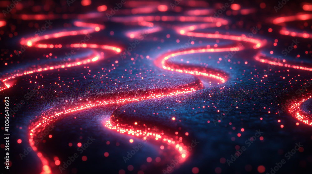 Poster vibrant glowing lines create a mesmerizing pattern on a dark surface, evoking a sense of movement an