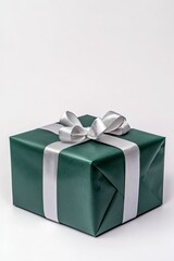 Obraz premium Elegant green gift box with silver ribbon on white background