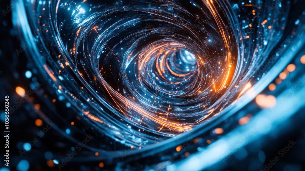 Poster a mesmerizing swirl of blues and oranges depicting a cosmic vortex in deep space illuminated with vi