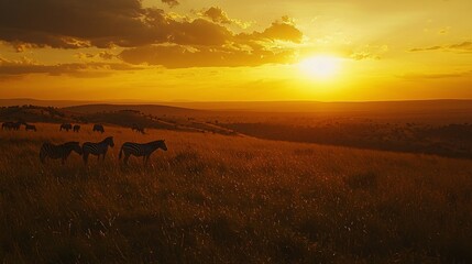 Sunset over the rolling hills of the Masai Mara, with silhouettes of zebras grazing peacefully