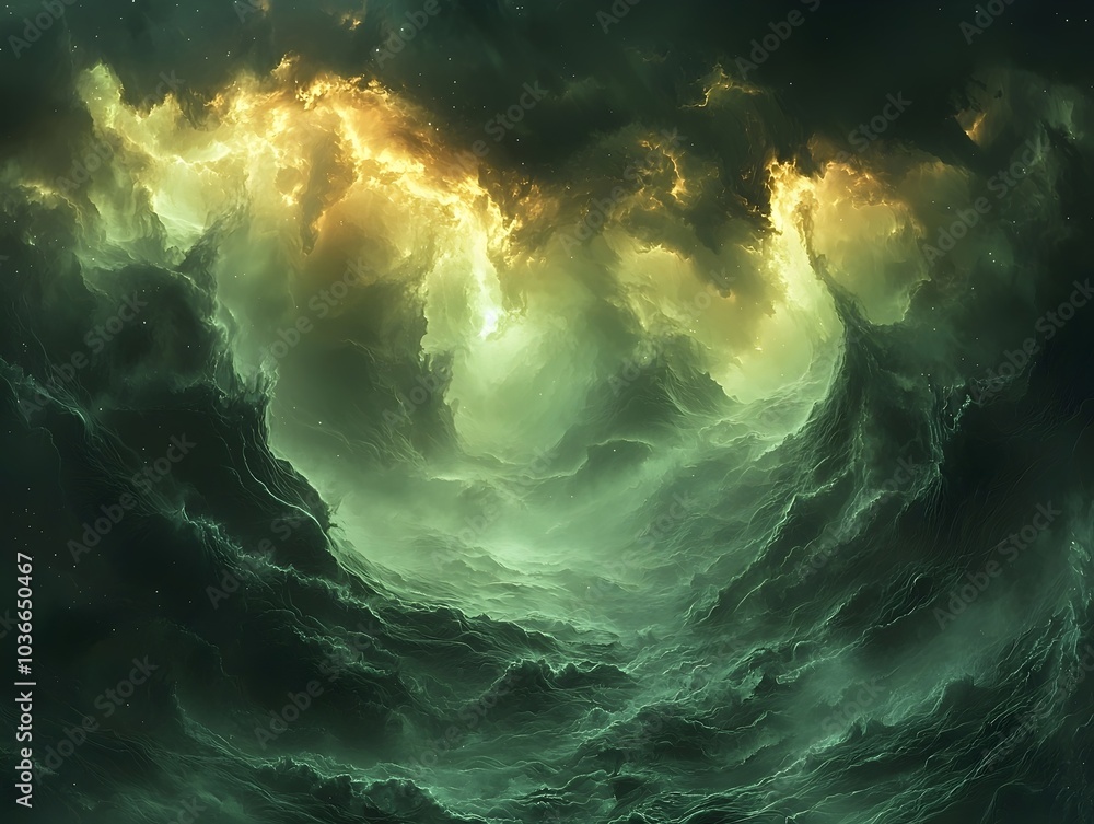 Poster a mesmerizing view of swirling green and golden clouds in deep space, creating a cosmic atmosphere f