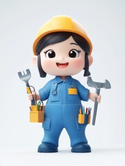 Fototapeta premium A cheerful cartoon character wearing a hard hat and overalls, holding tools for work.
