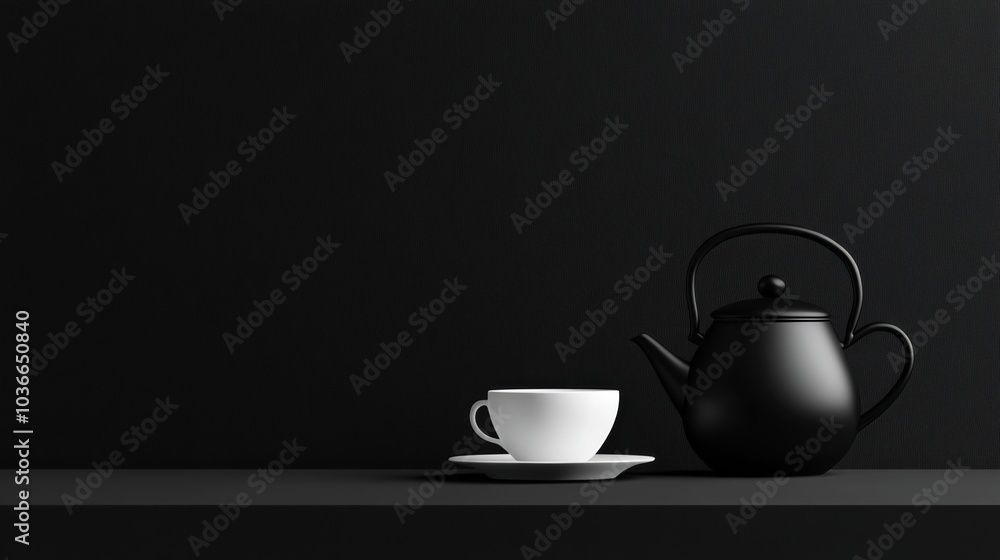 Poster a stylish black tea kettle sits next to a white cup on a sleek shelf, creating a calming and elegant