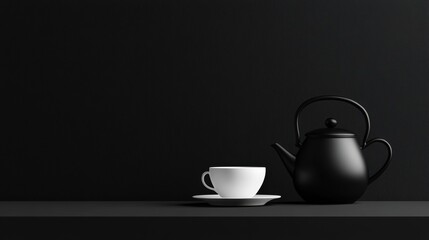 Fototapeta premium A stylish black tea kettle sits next to a white cup on a sleek shelf, creating a calming and elegant atmosphere for tea enjoyment. Generative AI