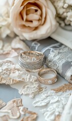 Wedding bands on delicate lace with a rose.