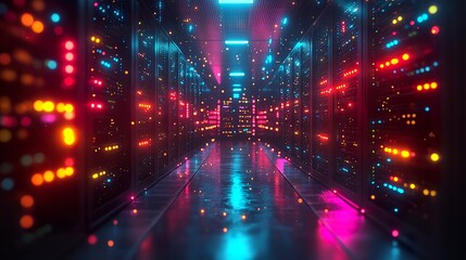 Fototapeta premium A bustling data center with rows of servers and flashing lights, showcasing the immense power and complexity of modern computing.