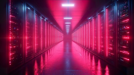 Modern Data Center Infrastructure with Server Racks and Blinking Lights: High-Performance Computing and Data Storage Solutions