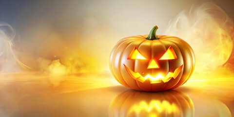 A glowing lantern sits on a reflective surface, casting an eerie light against a hazy golden background. A carved pumpkin with a classic spooky expression with copy space. AI generated.