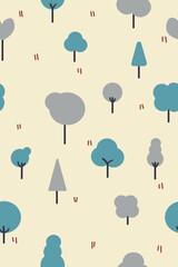 Various shapes of trees pattern in green and gray on beige background