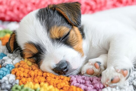 Dog sprawled out on a carpet, snoring gently, candid sleep moment, comfortable indoor scene.