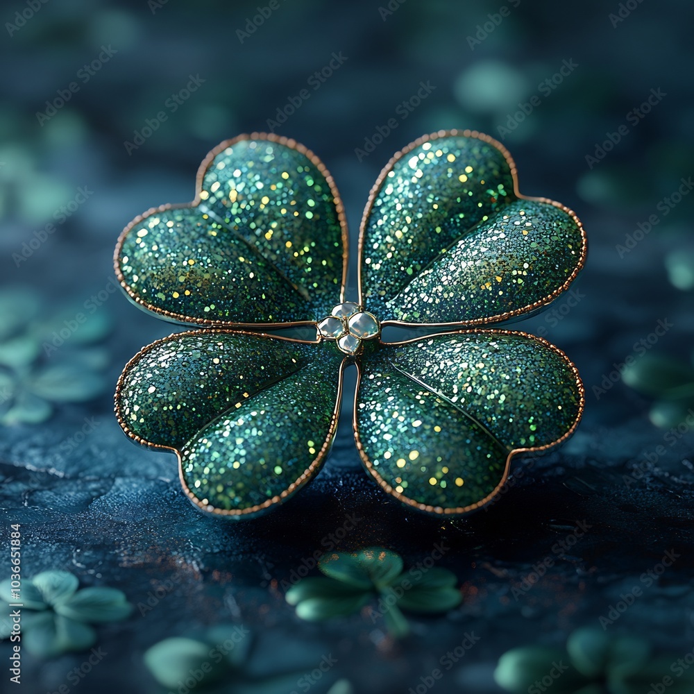 Poster closeup view of a glittering dark green shamrock layered with sparkling elements set on a clean mini