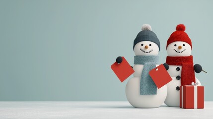 Cheerful snowmen with scarves hold gift tags and present, embodying festive spirit of Christmas. Perfect for holiday promotions and seasonal greetings
