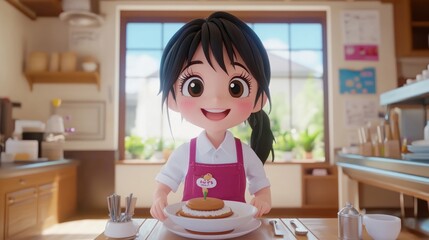 A cheerful girl presents a cake with a candle in a cozy kitchen setting.