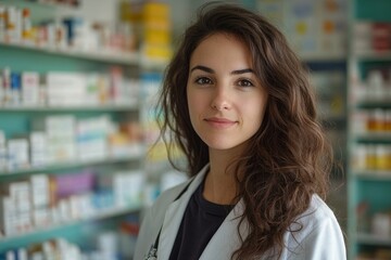 Portrait of a female pharmacist standing in a drug store, Generative AI