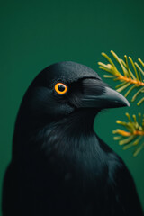 Stunning Portrait of a Black Bird with Striking Golden Eye and Pine Needles