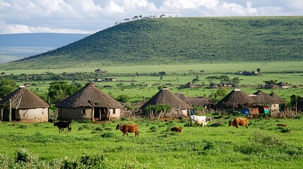 Maasai village with traditional huts, surrounded by livestock and villagers engaging in daily activities