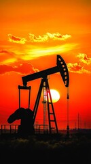 Naklejka premium Silhouette of an oil pump jack against a vibrant sunset sky.