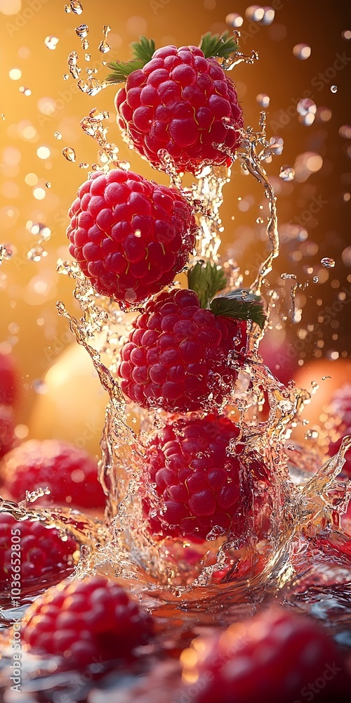 Poster three ripe red raspberries splashing in water, surrounded by a cascade of droplets, creating a vibra